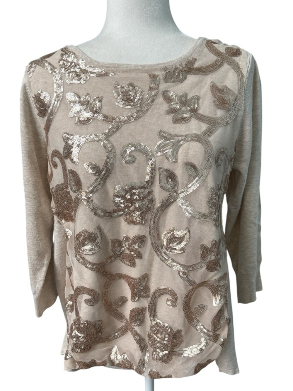 Joseph A. Sequin Mesh Long Sleeve Top in Champagne Size Large